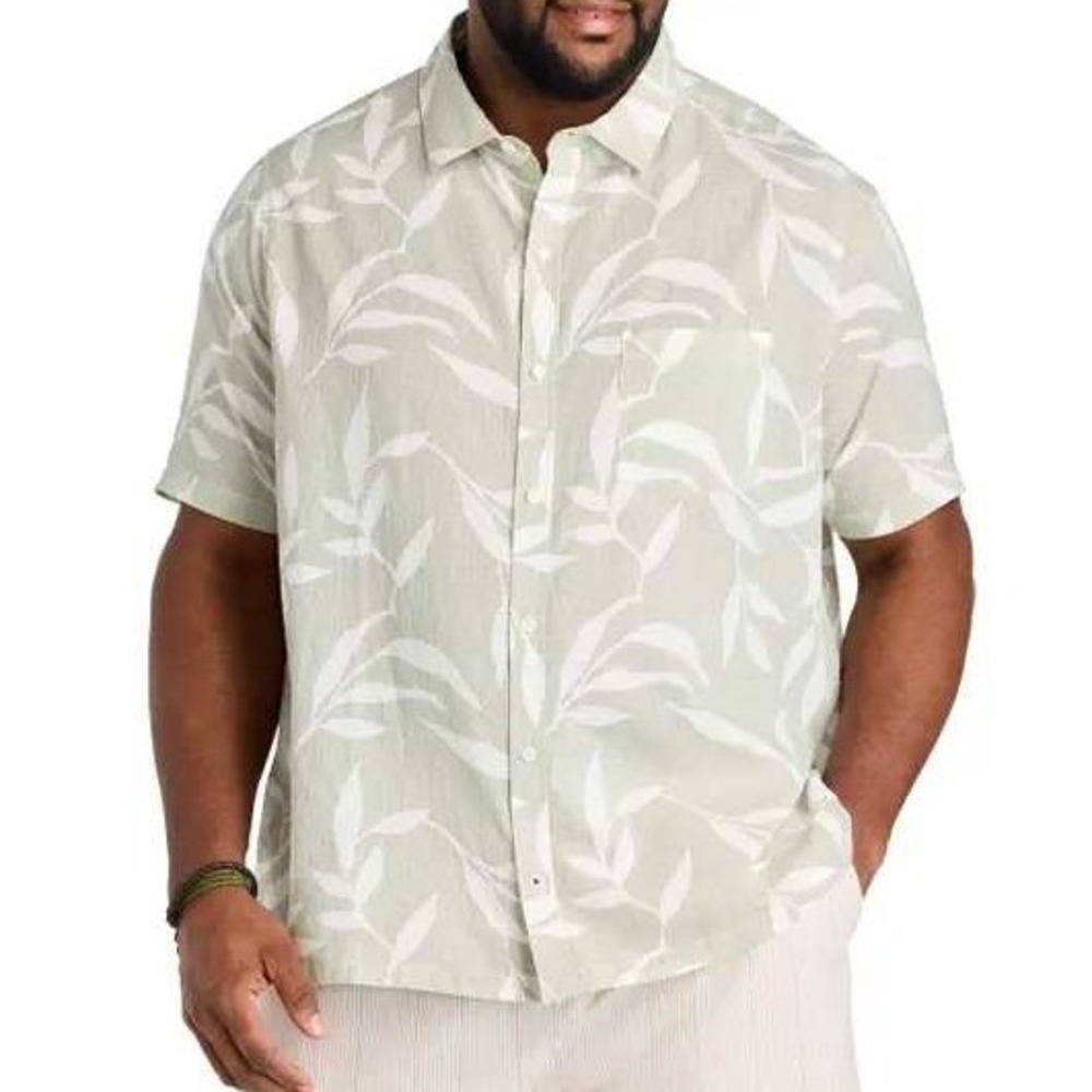 NWOT Nautica Leaf Print Button Down Shirt Men's L Green White Cotton Hawaiian
